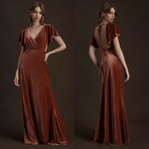 BHLDN Jenny Yoo Collection Ellis Flutter Sleeve Open Back Velvet Gown 20 NEW
